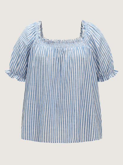 Cotton Striped Shirred Bust-Friendly Neckline Blouse