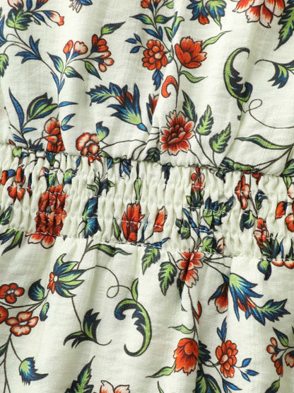 Dense Floral Print Bustier Shirred Waist Blouse