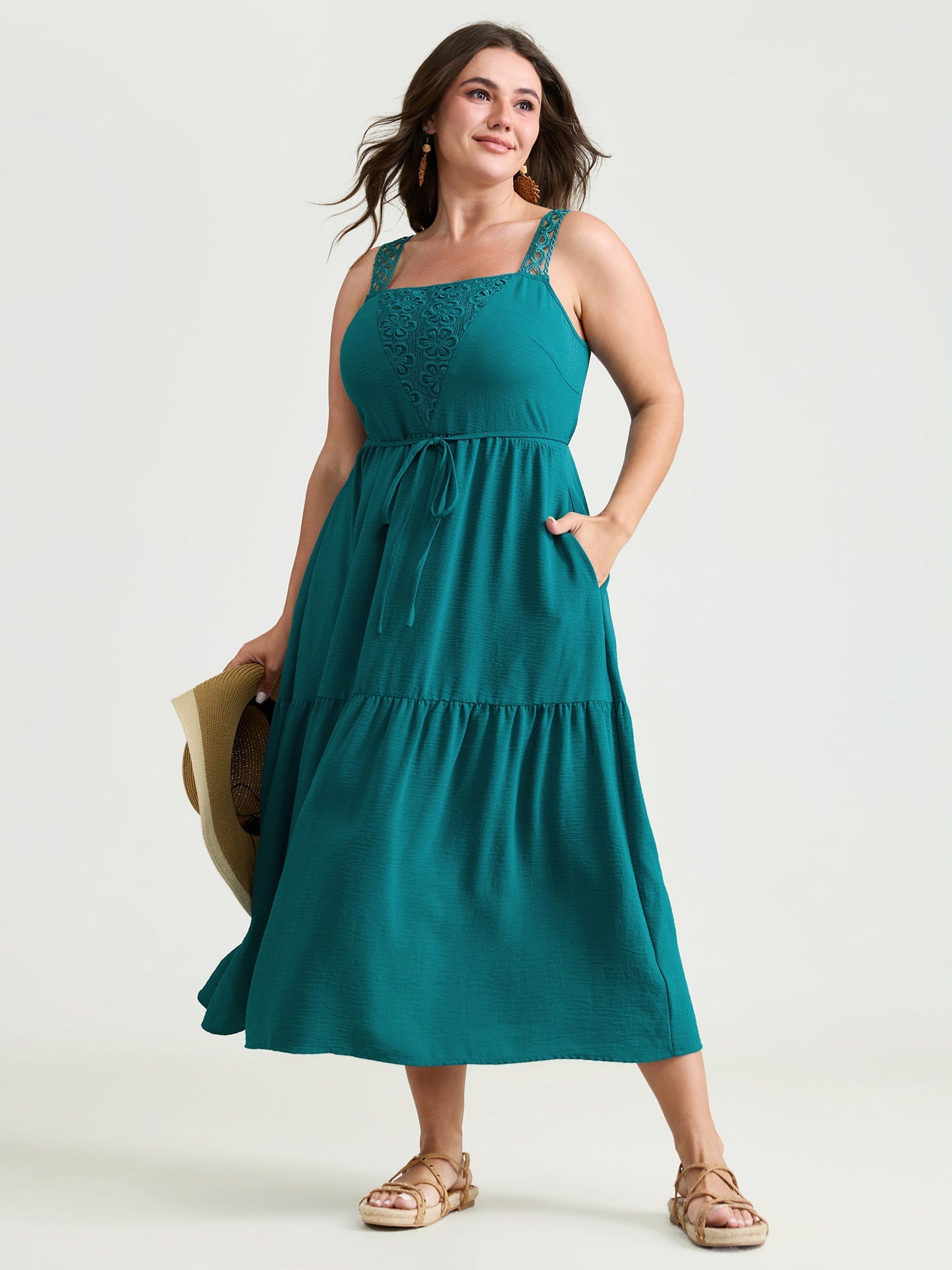 Floral Lace Textured Neckline Wide Strap Midi Dress