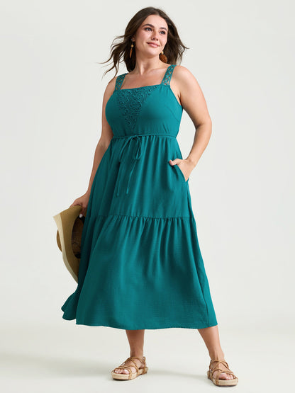 Floral Lace Textured Neckline Wide Strap Midi Dress