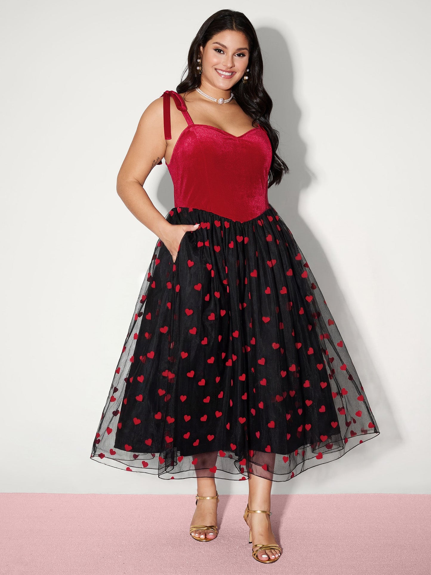 Velvet Heart Shaped Flocked Shoulder-Tie Maxi Dress