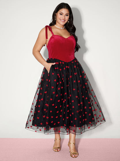 Velvet Heart Shaped Flocked Shoulder-Tie Maxi Dress