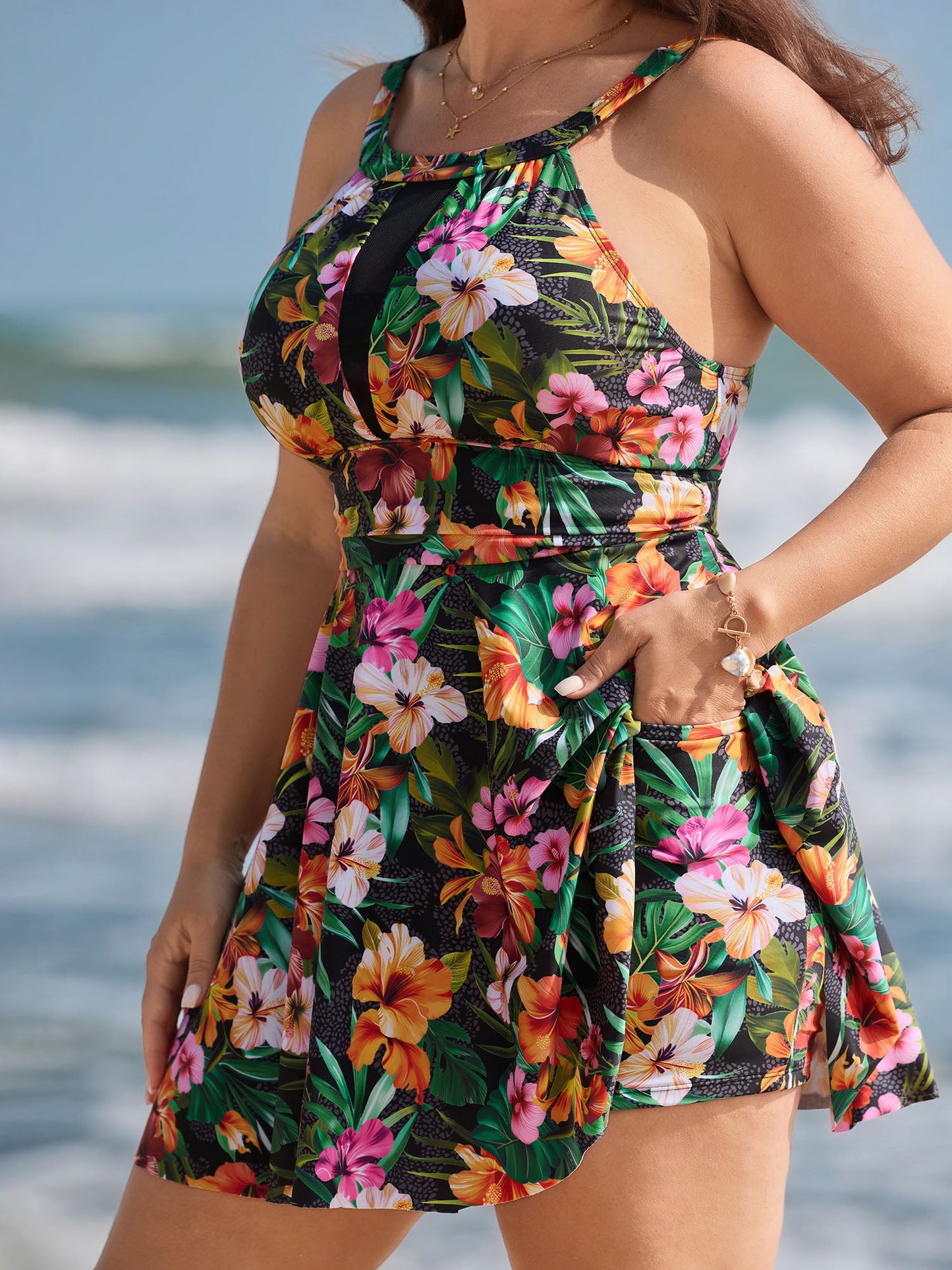 Tropical Floral Print Hip Coverage Swim Dress
