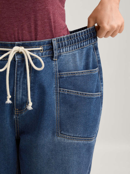Layered Pockets Elastic Waistband Straight-Leg Jeans