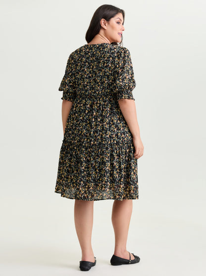 Micro Floral Print Shirred Cuff Mini Dress