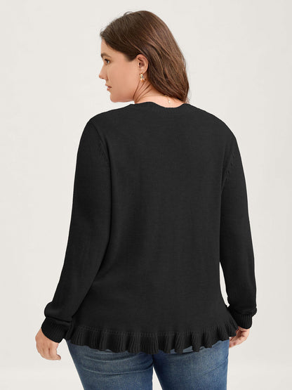 Supersoft Textured Floral Button Ruffled Hem Knit Cardigan