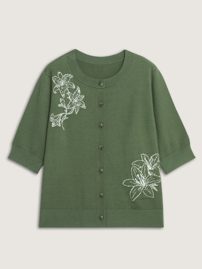 Floral Pattern Jacquard Button Knit Cardigan
