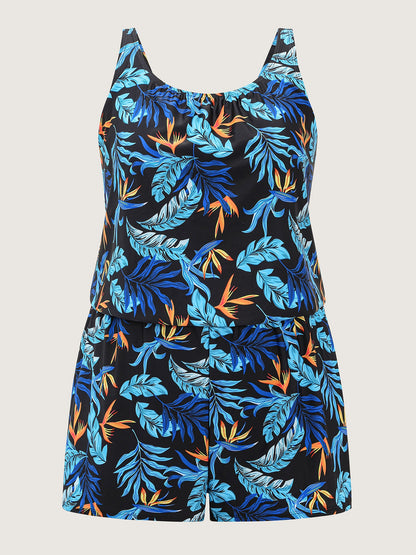 plus size Tropical Flower Print Pockets One-Piece Swimsuit