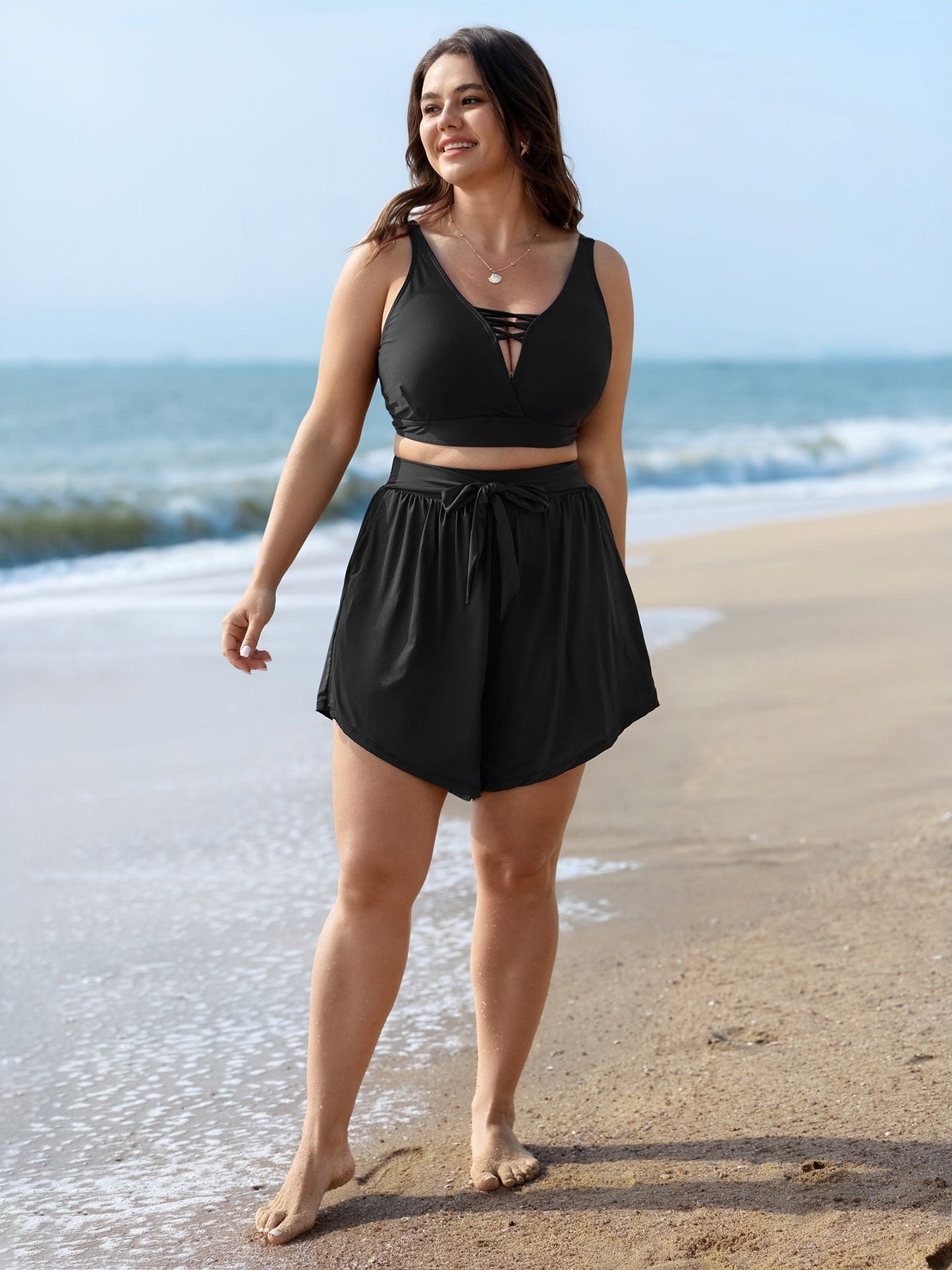 High-Waist Tie Pocket Swim Bottoms
