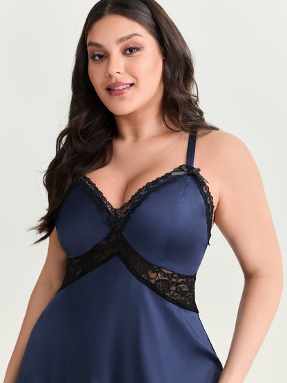 Satin Lace Trim V-Neck Lounge Dress