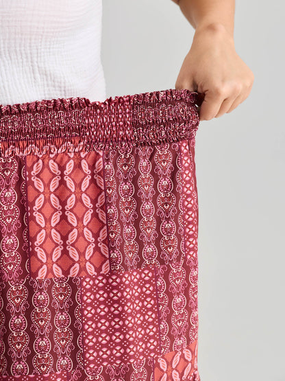 Geometric Print Flared Shirred Waist Pants