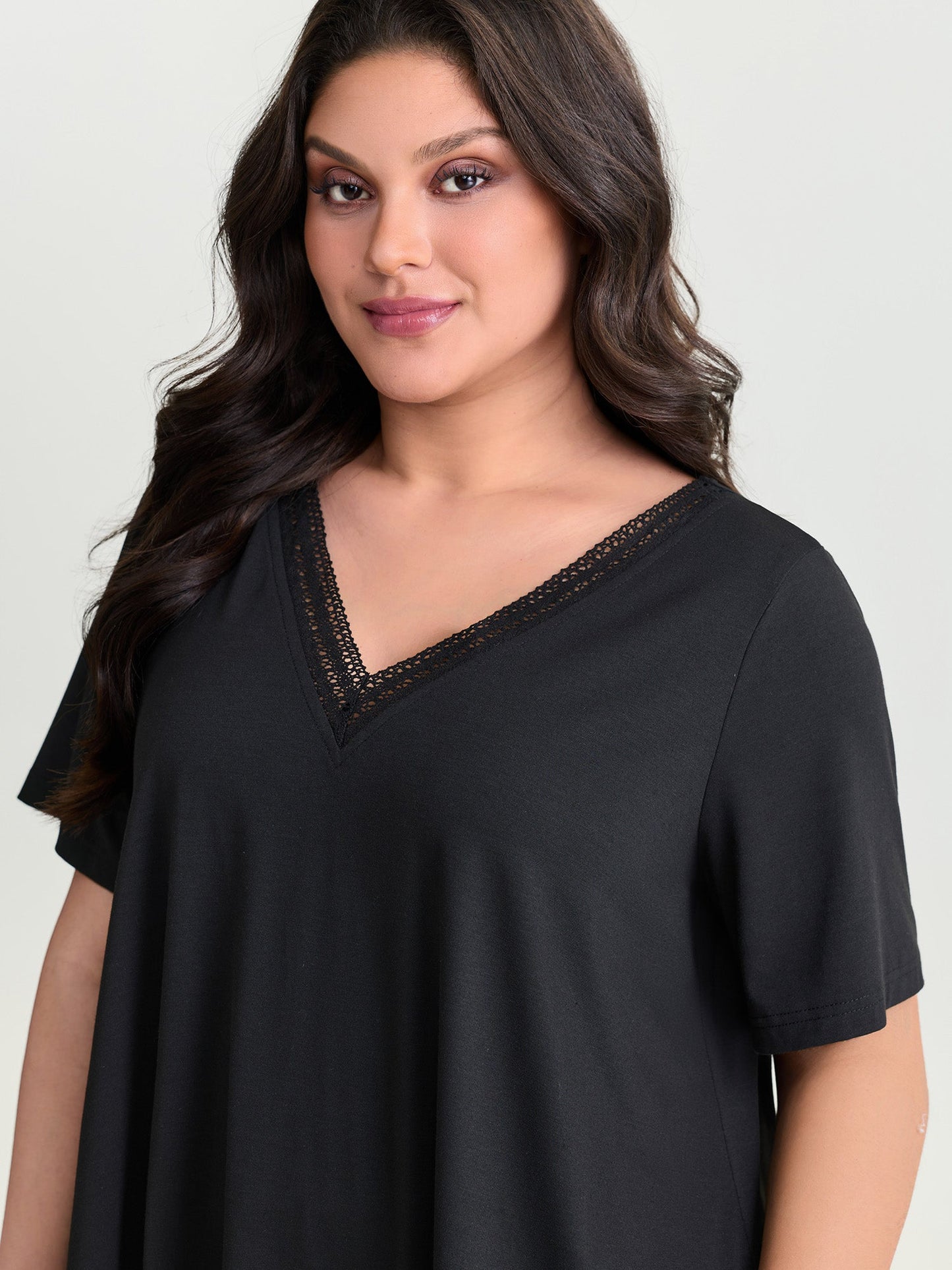 Supersoft Stretchy Draped Lace Trim Plain T-Shirt