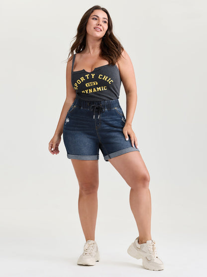 Mid-Rise Drawstring Elastic Waist Denim Shorts