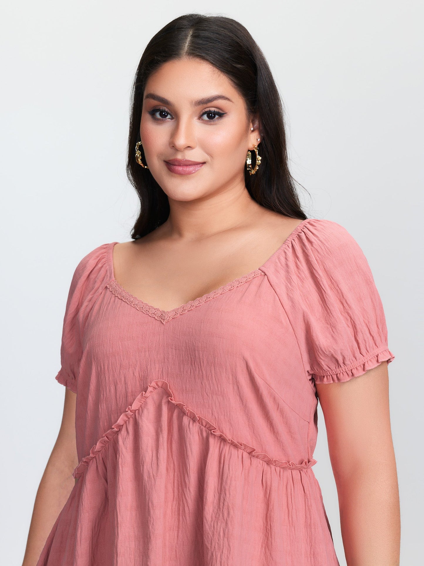 Lace Trim Ruffled Hem Plain Blouse
