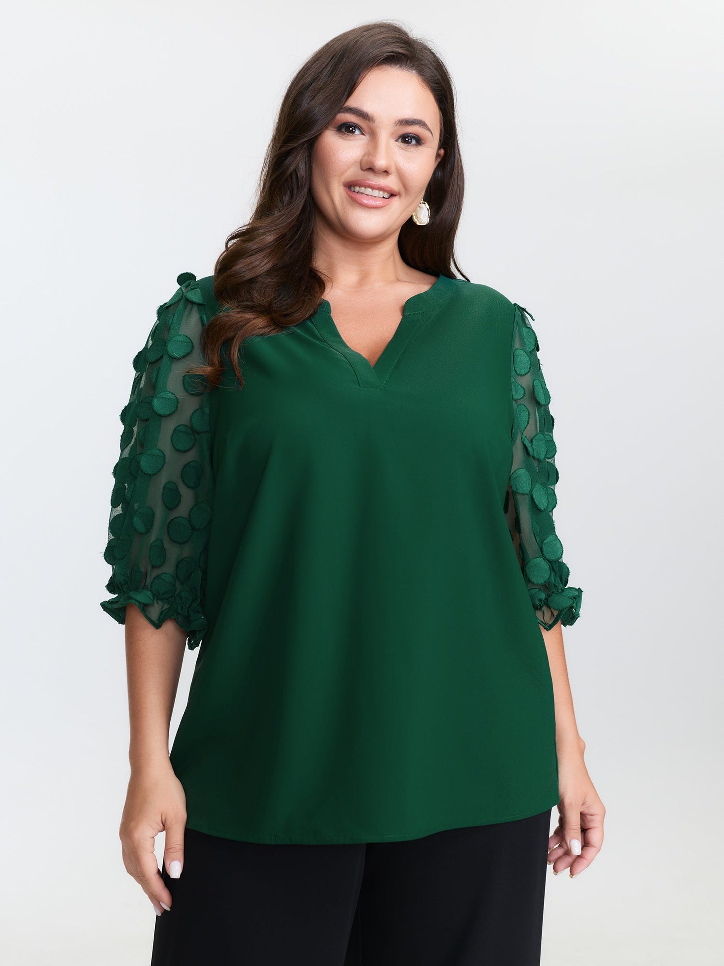 Textured Sleeve Notched Collar Blouse