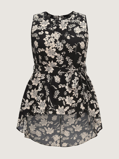 Monochrome Floral Print High Low Hem Top