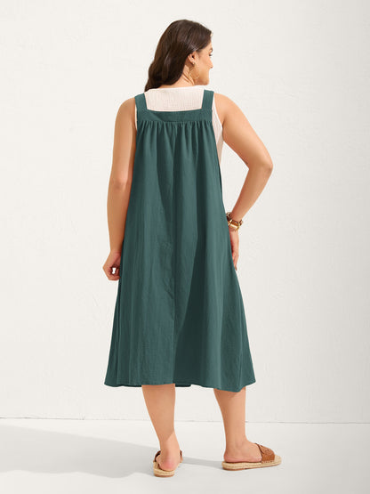 plus size Pure Cotton Pleated Pockets Midi Dress