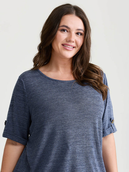 Stretchy Plain Folded Cuff Sleeve T-Shirt