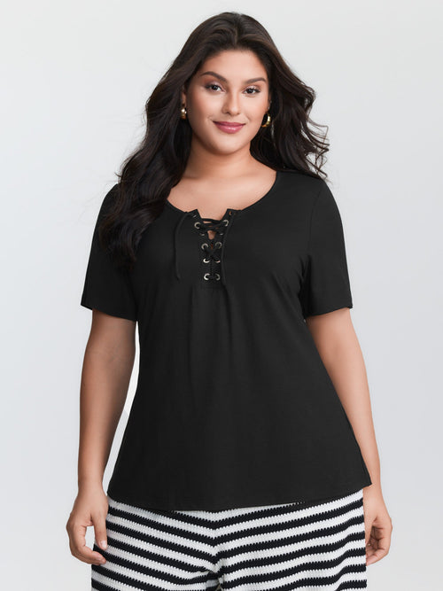 Cross Tie Neckline Plain T-Shirt