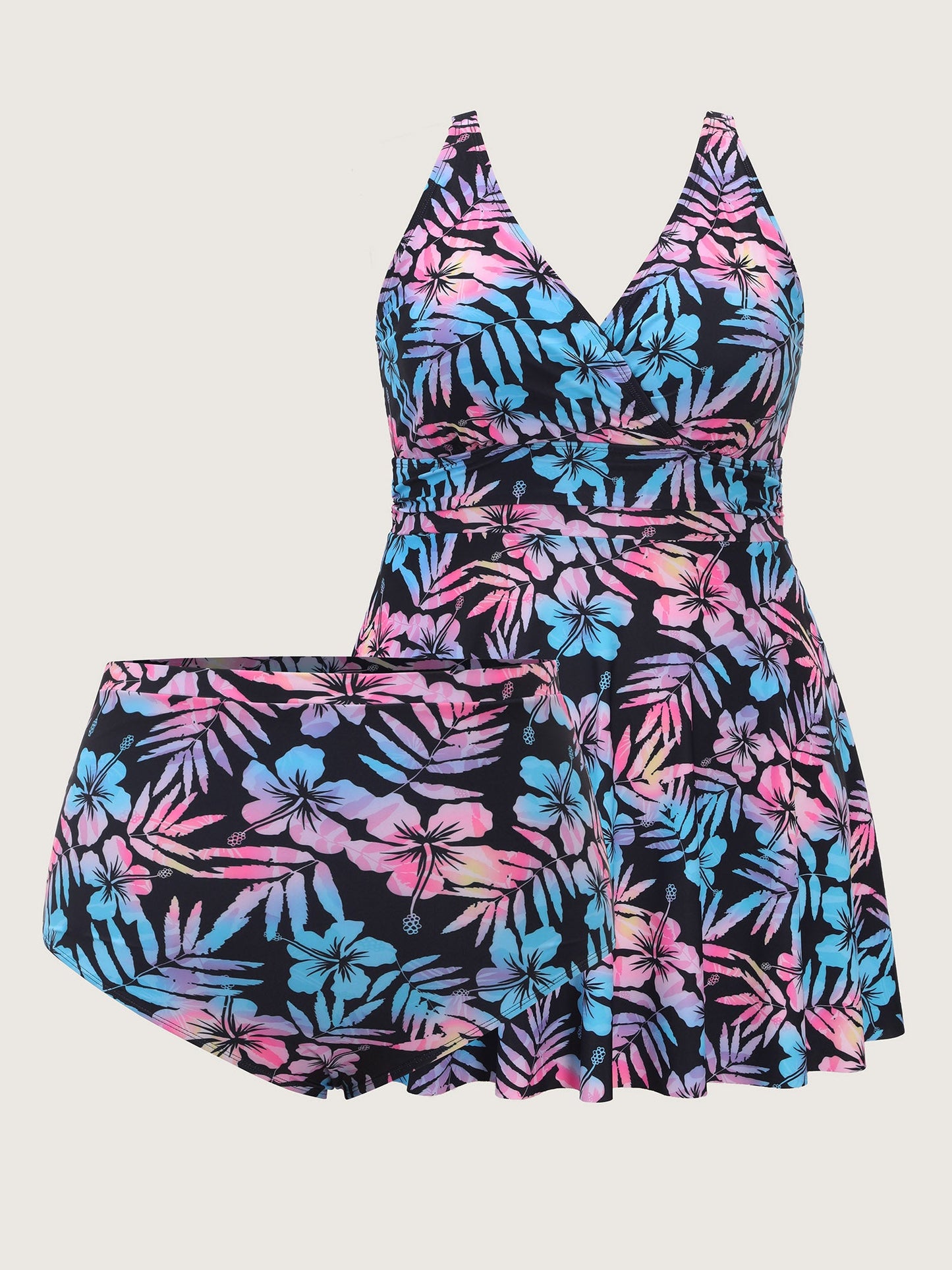 Tropical Floral Color Contrast Pocket Swim Dress