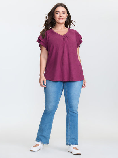 Stretchy Textured Flared Sleeve T-Shirt