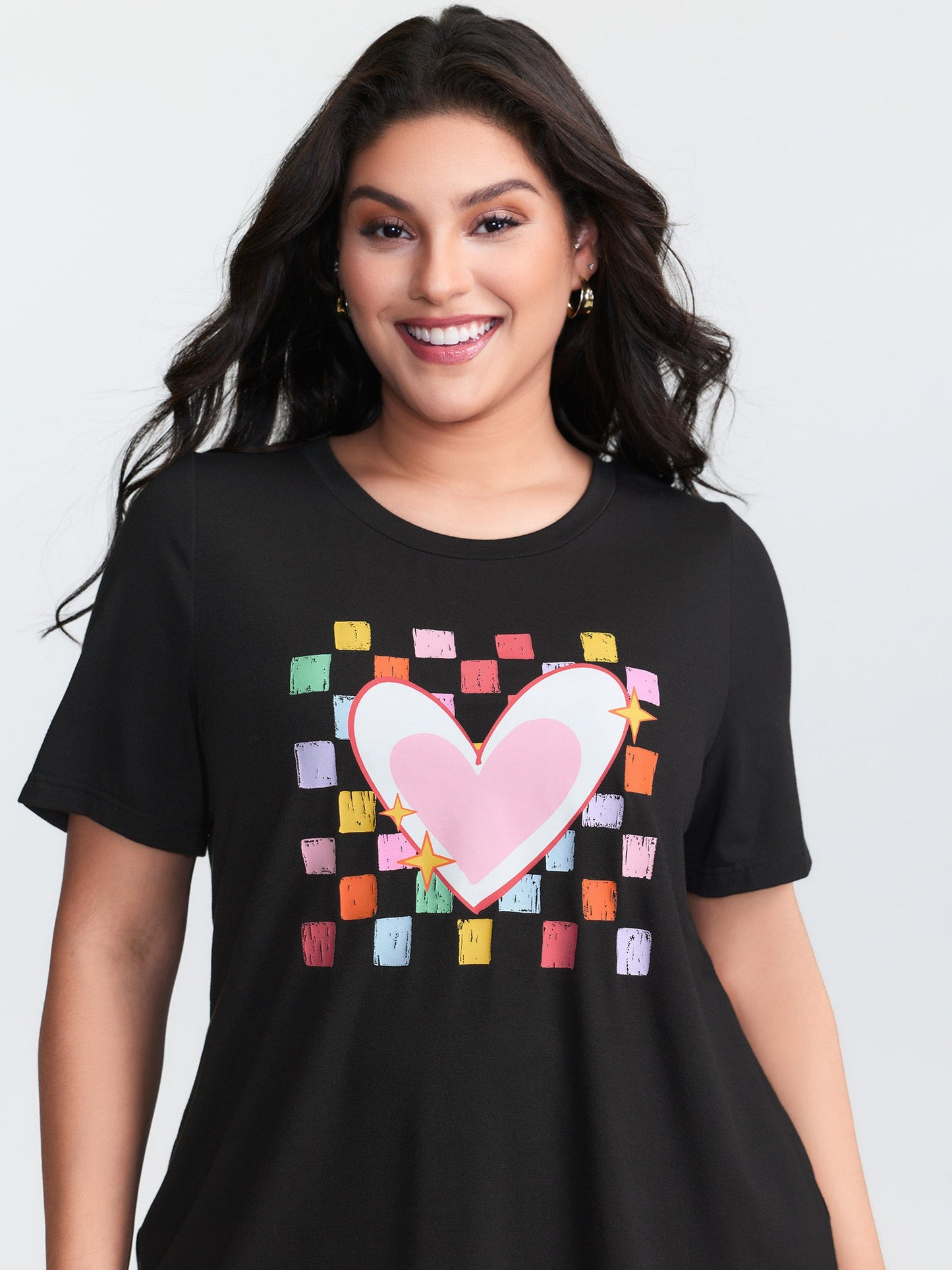 Multi-Color Heart Stretchy Round Neck T-Shirt