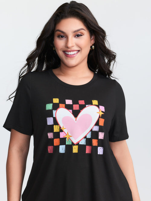 Multi-Color Heart Stretchy Round Neck T-Shirt