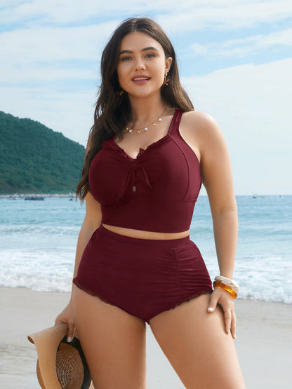 Ruched Mesh Seamed Ruffle Trim Swim Bottoms