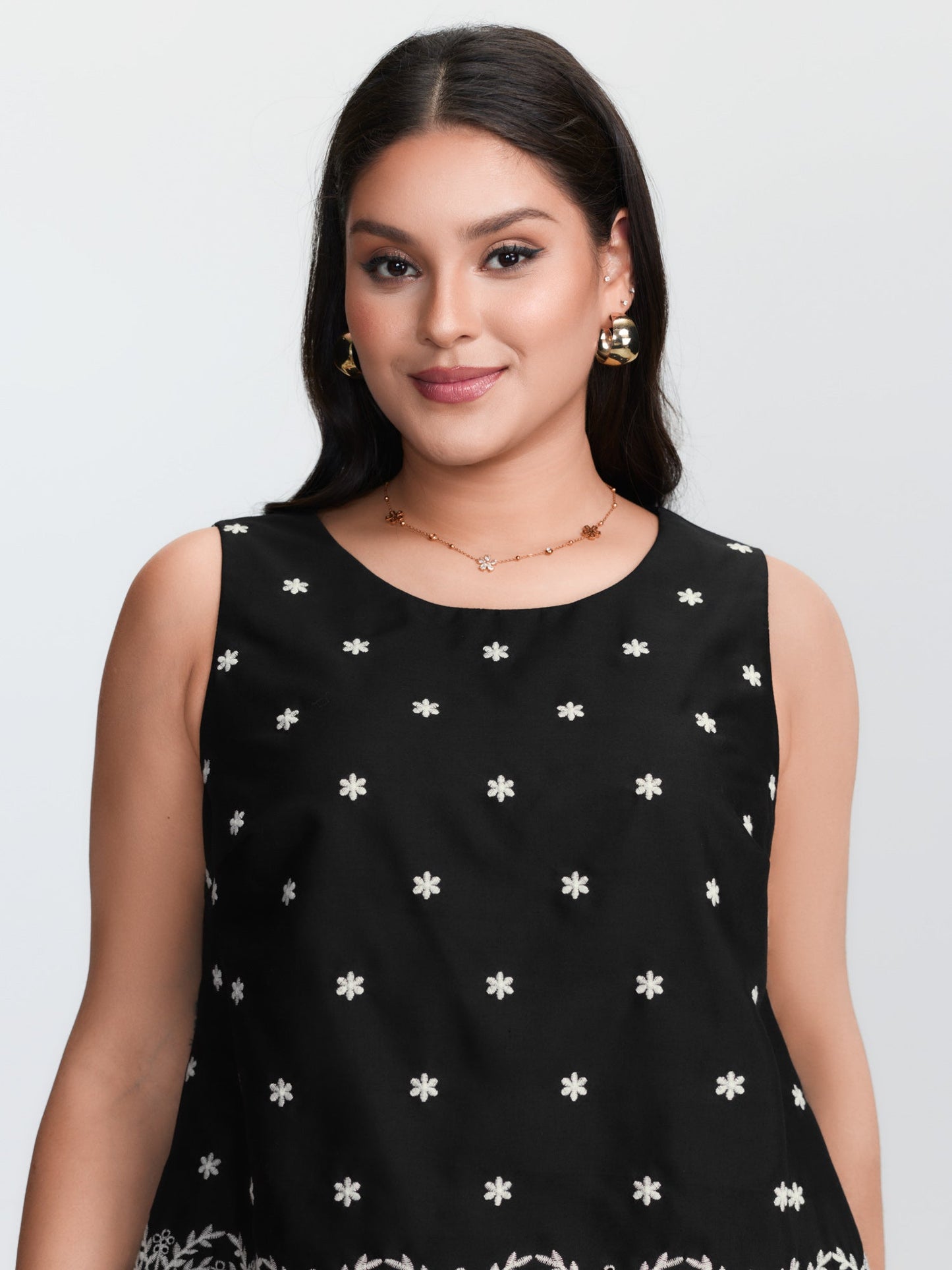 Cotton Monochrome Floral Embroidered Tank Top