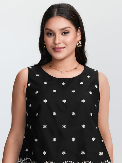 Cotton Monochrome Floral Embroidered Tank Top