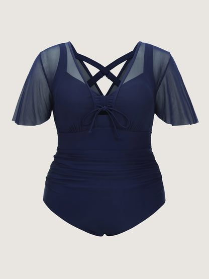 Sheer Sleeve Layered One-Piece Swimsuit