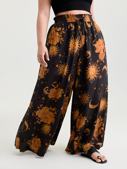 Star Moon Print Wide Waistband Pants