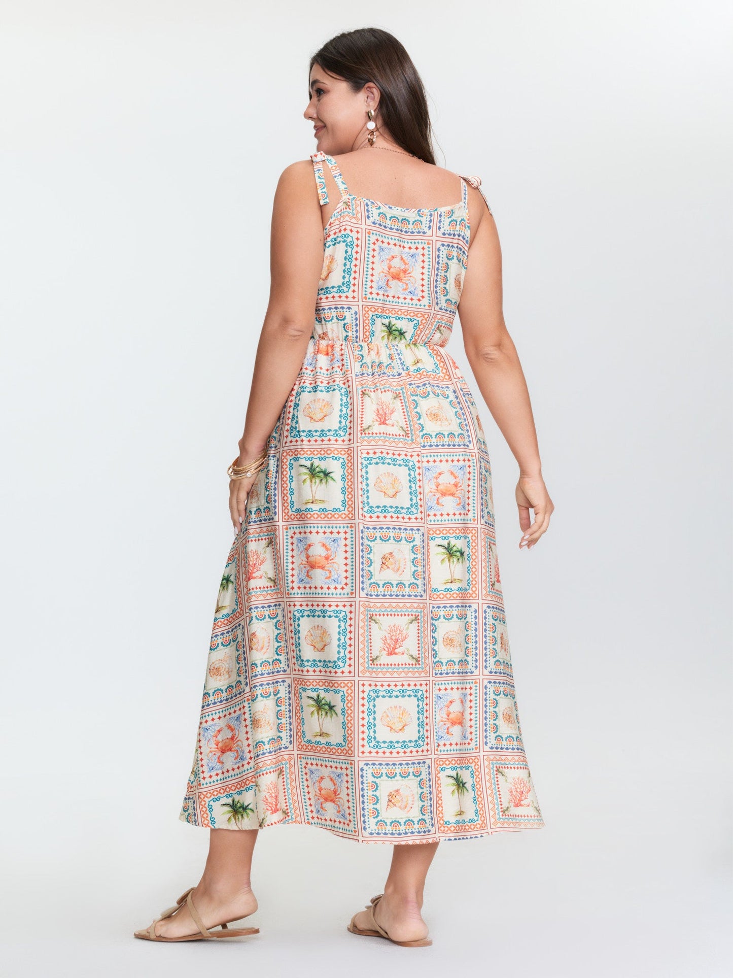 Vacation-Ready Collage Print Shoulder-Tie Maxi Dress
