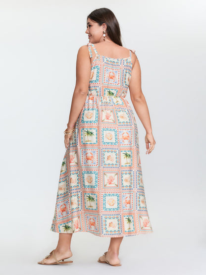 Vacation-Ready Collage Print Shoulder-Tie Maxi Dress