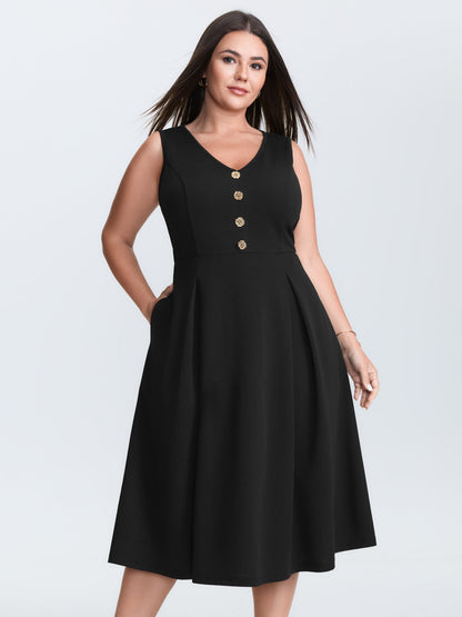 Floral Gold Button Pleated Midi Dress