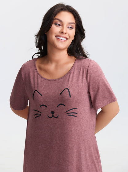 Happy Cat Print Stretchy Contrast Nightgown