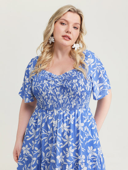 Silhouette Flower Print Shirred Pockets Midi Dress