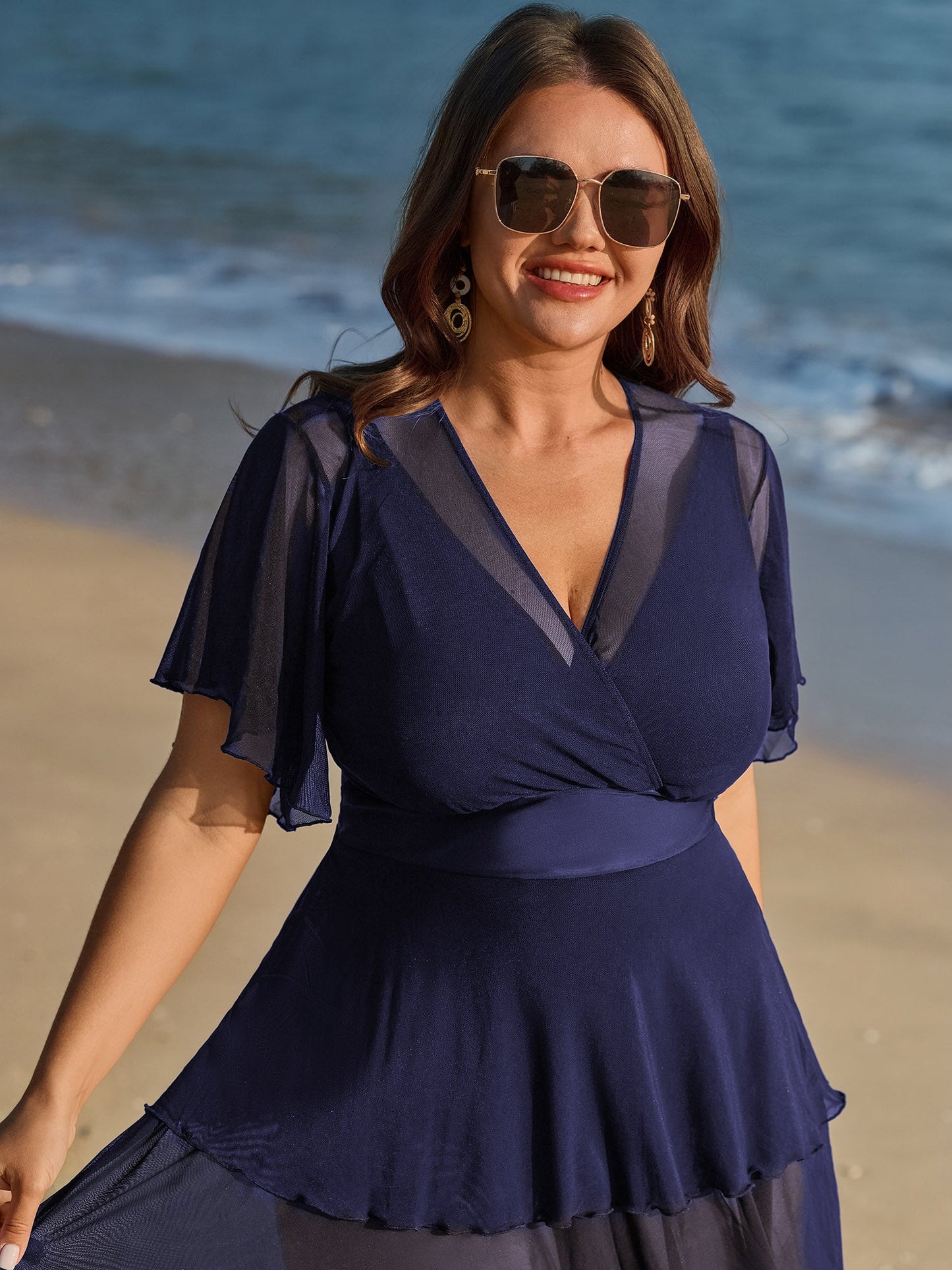 Sheer Ruffled Sleeve Layered Swim Dress