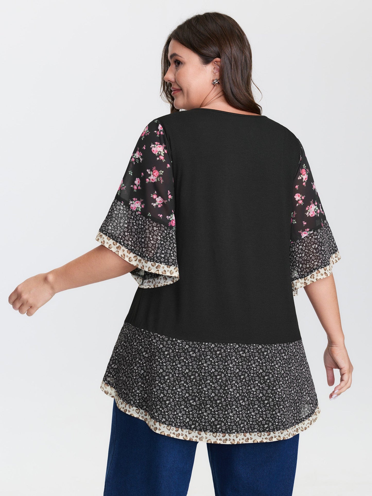 Floral Stretchy Flared Sleeve T-Shirt