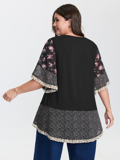 Floral Stretchy Flared Sleeve T-Shirt