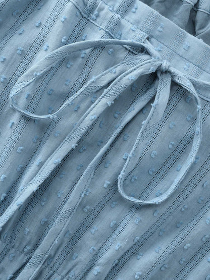 Textured Shirred Bodice Ruffled Straps Midi Dress