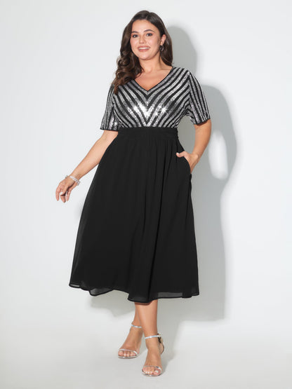 Striped Sequin V-Neck Contrast Midi Dress
