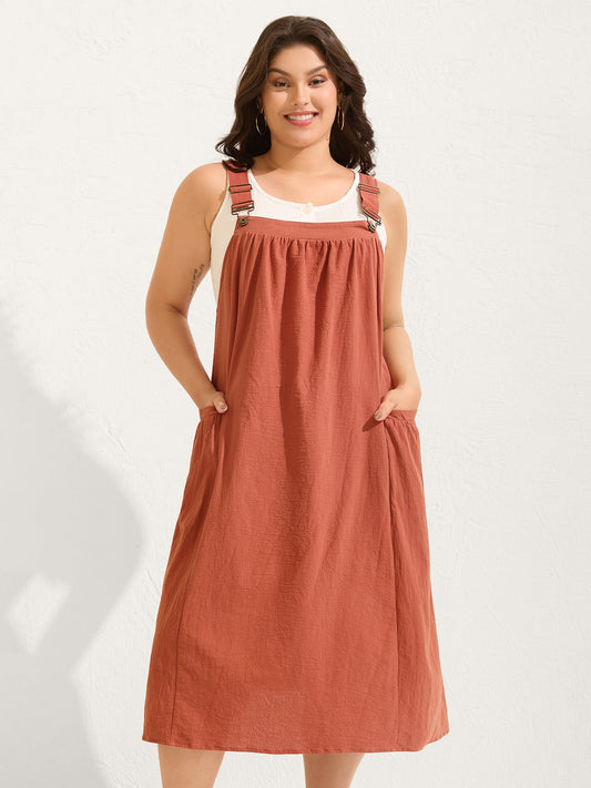 plus size Pure Cotton Pleated Pockets Midi Dress