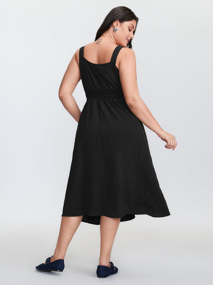 Wide Straps Belted Buckle Detail Midi Dress