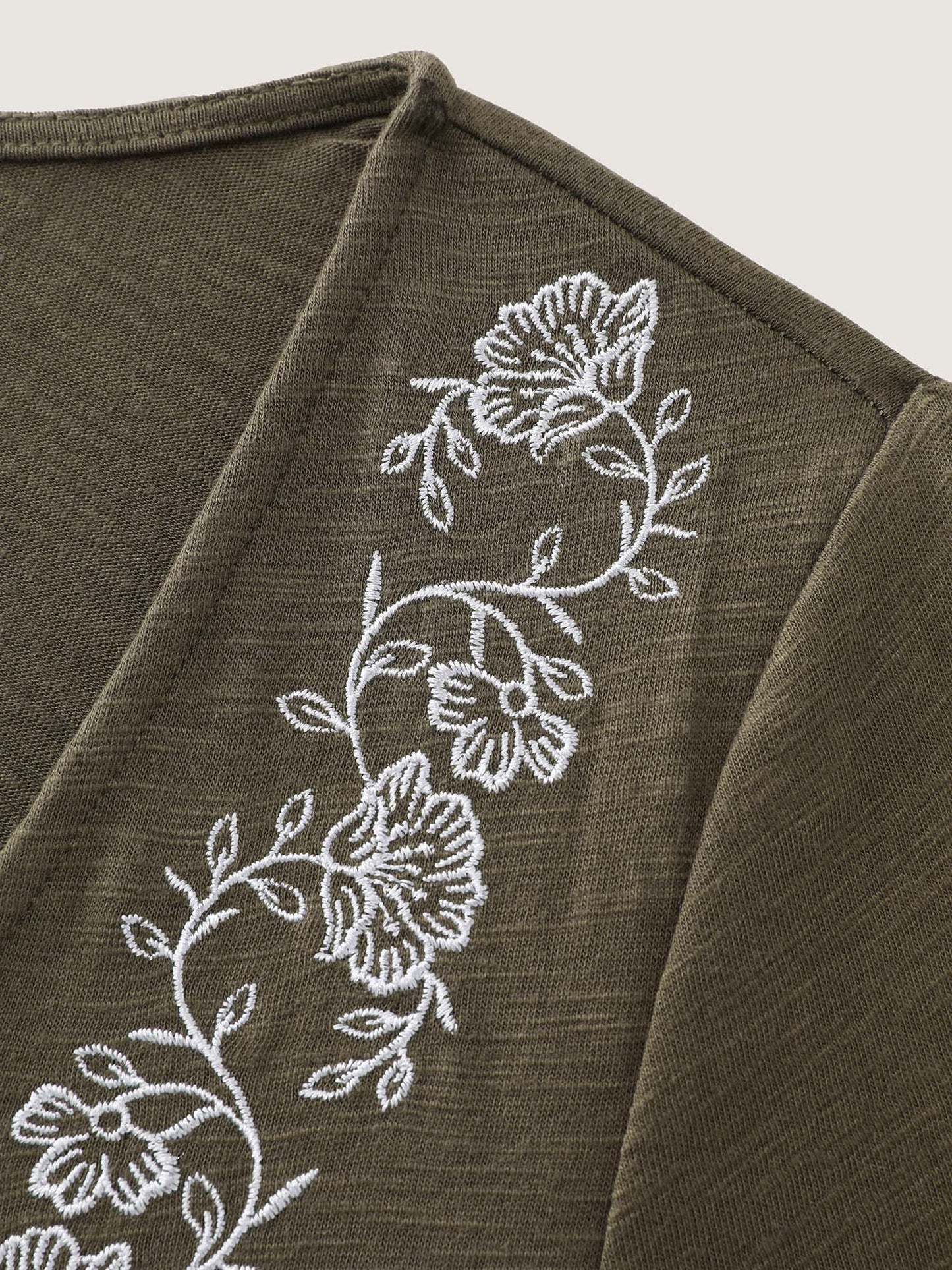 Floral Embroidered Square Neckline Button Top