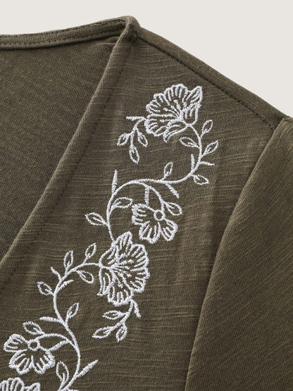 Floral Embroidered Square Neckline Button Top