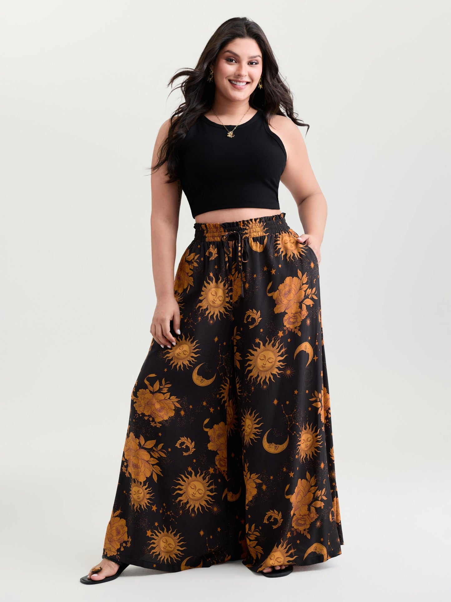 Star Moon Print Wide Waistband Pants