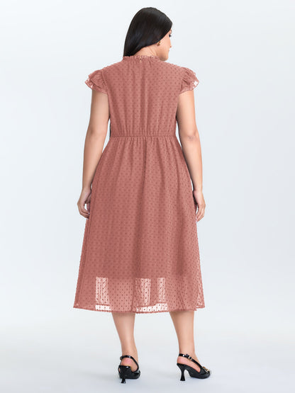 Textured Sheer Ruffled Mock Neckline Midi Dress