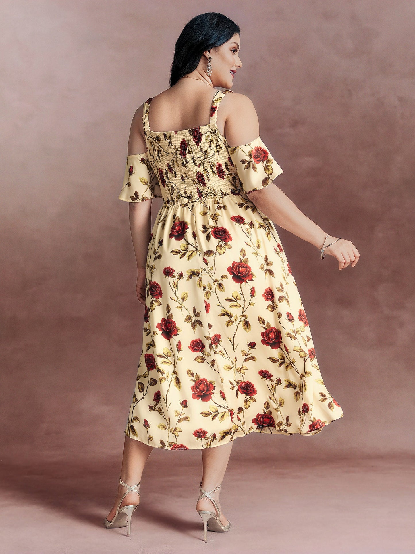 Floral Romance Cut-Out Shoulder Shirred Midi Dress