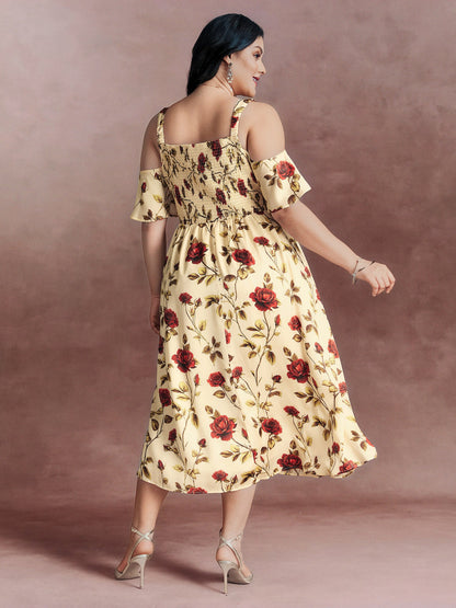Floral Romance Cut-Out Shoulder Shirred Midi Dress